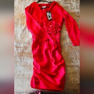 Satin Red Long-Sleeve Dress with Rose Detail